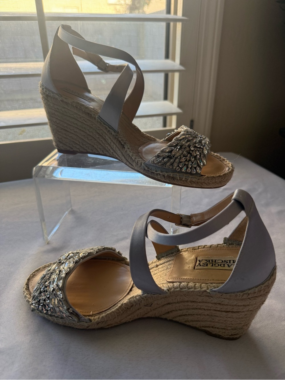 Badgley Mischka Crystal Embellished Espadrille Wedges with Ankle Wrap Size 10